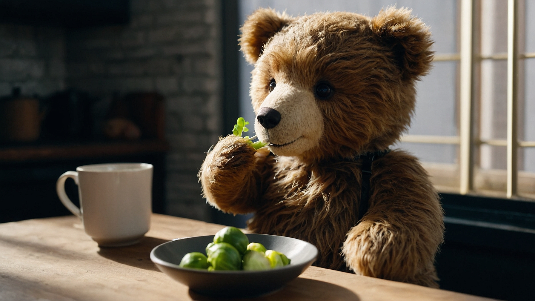 AI teddy eating sprouts

