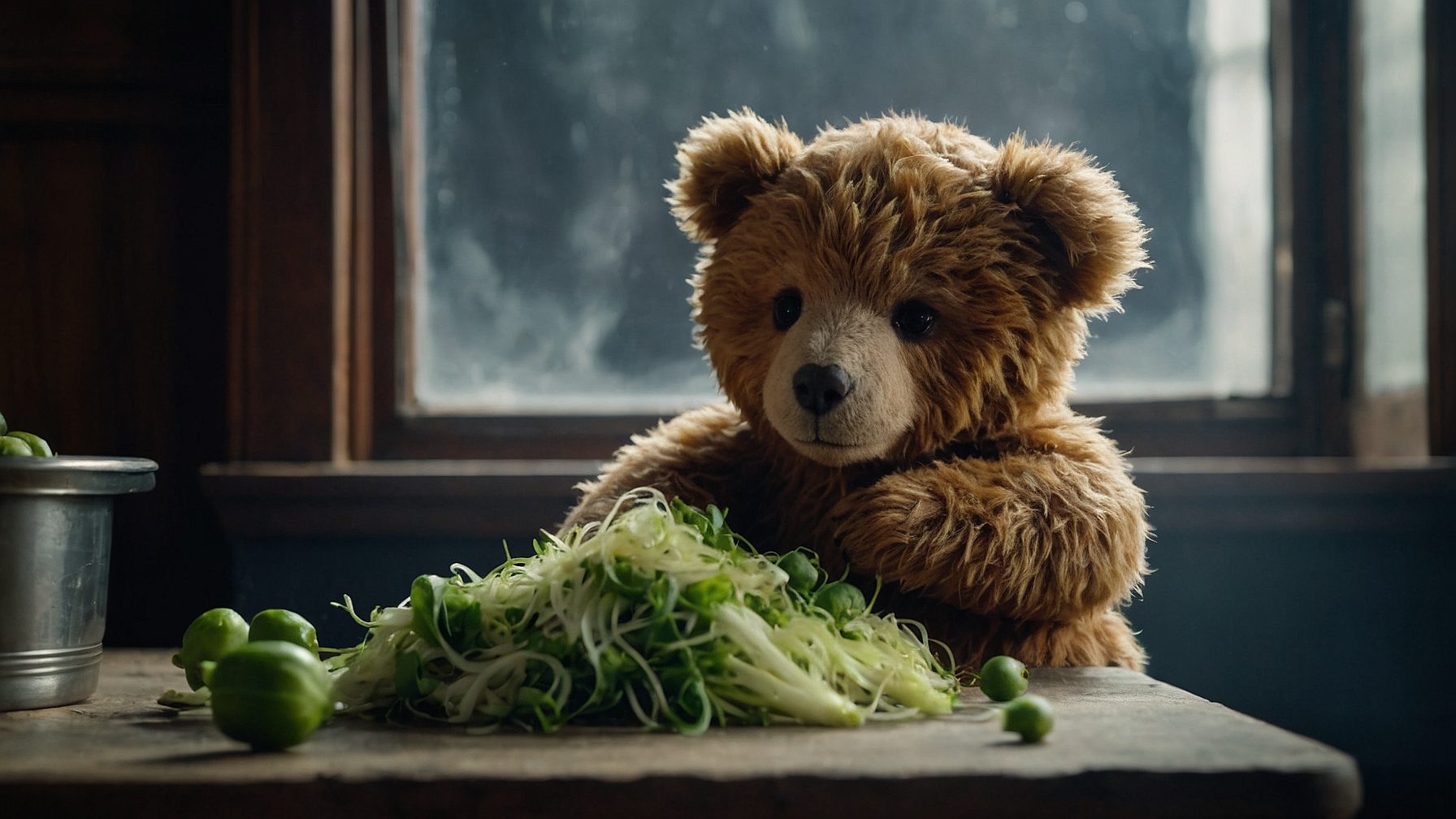 AI teddy eating sprouts
